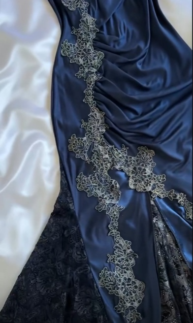New Mermaid Spaghetti Straps Navy Satin Applique Lace Long Prom Dress,Evening Dress GG1963