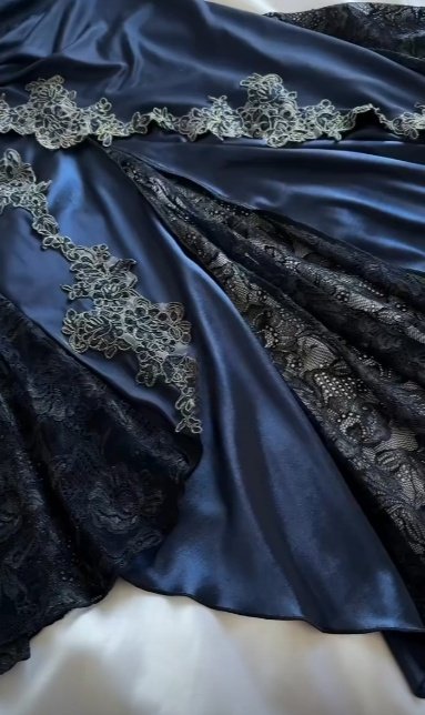 New Mermaid Spaghetti Straps Navy Satin Applique Lace Long Prom Dress,Evening Dress GG1963