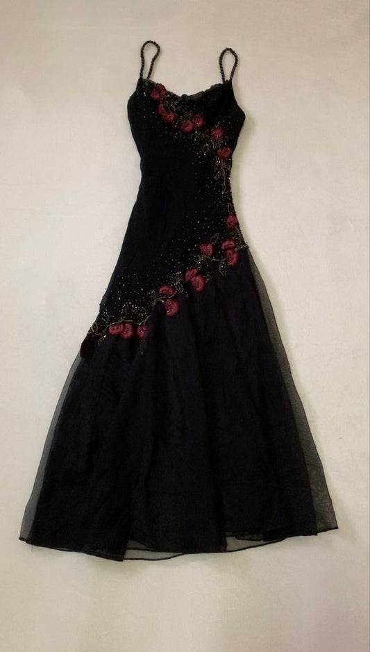 Charming A Line Spaghetti Straps Black Tulle Applique Long Prom Dress,Evening Dress GG1965