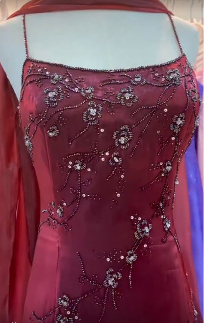 Elegant A Line Spaghetti Straps Burgundy Chiffon Beaded Long Prom Dress,Evening Dress GG1967