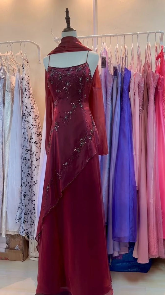 Elegant A Line Spaghetti Straps Burgundy Chiffon Beaded Long Prom Dress,Evening Dress GG1967