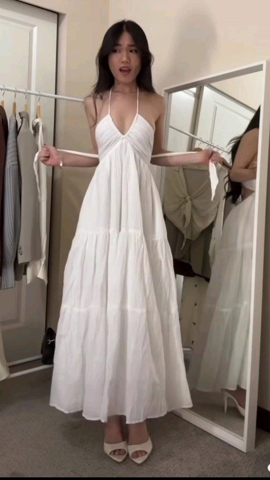 Elegant A Line Halter Straps White Satin Long Prom Dress,Evening Dress GG1968