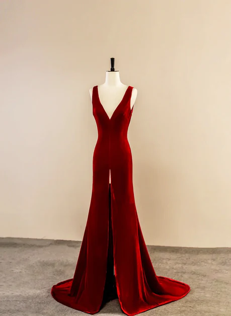 Sexy A Line V Neckline Wine Red Velvet Slit Long Prom Dress, Evening Dress  GG196