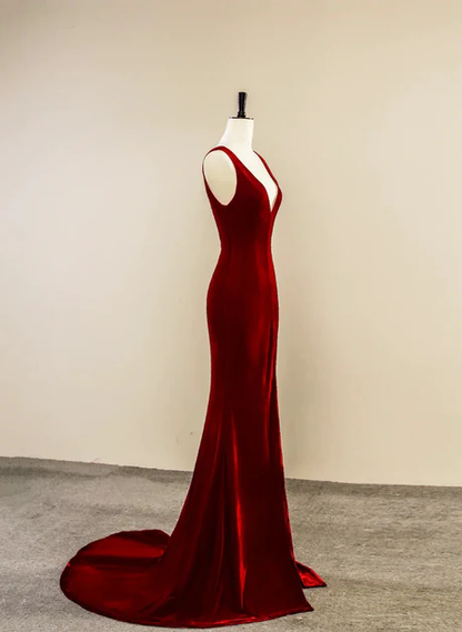 Sexy A Line V Neckline Wine Red Velvet Slit Long Prom Dress, Evening Dress  GG196
