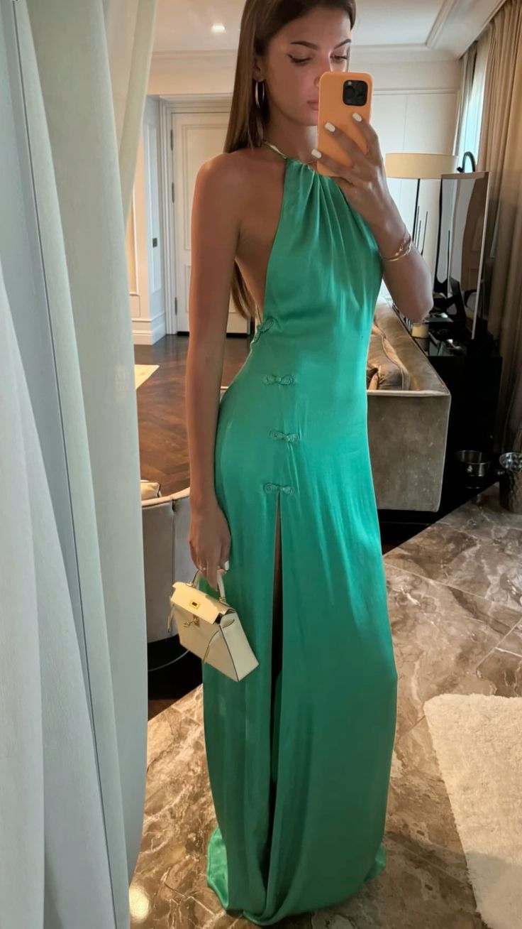 Vintage Mermaid Halter Green Satin Slit Long Prom Dress,Evening Dress GG1971
