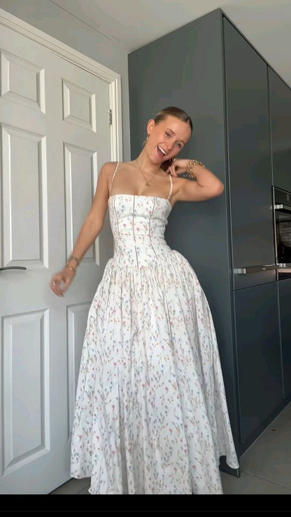 Pretty A Line Spaghetti Straps White Satin Printing Long Prom Dress,Evening Dress GG1973