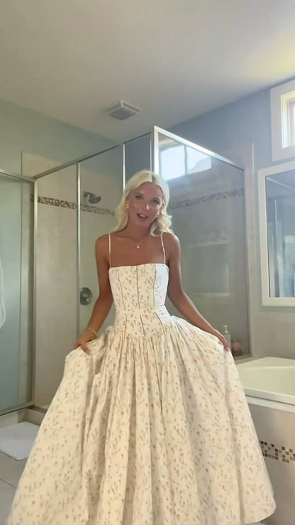 Pretty A Line Spaghetti Straps White Satin Printing Long Prom Dress,Evening Dress GG1973