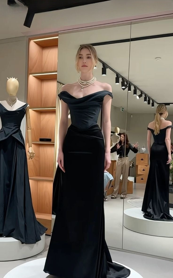 Elegant Mermaid Off The Shoulder Black Satin Long Prom Dress,Evening Dress GG1979