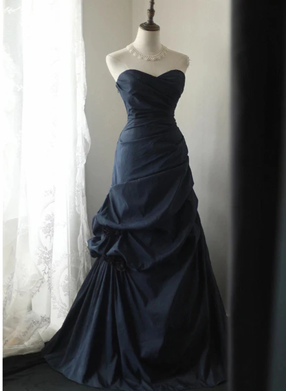 Elegant A Line Sweetheart Strapless Navy Blue Vintage Style Taffeta Long Prom Dress, Evening Dress  GG197