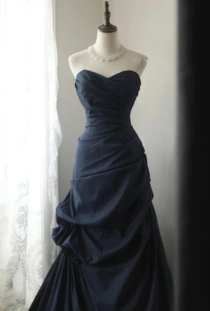 Elegant A Line Sweetheart Strapless Navy Blue Vintage Style Taffeta Long Prom Dress, Evening Dress  GG197