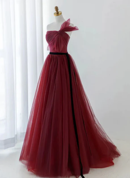 Elegant A Line Strapless Wine Red Tulle Black Belt Long Prom Dress, Evening Dress  GG198