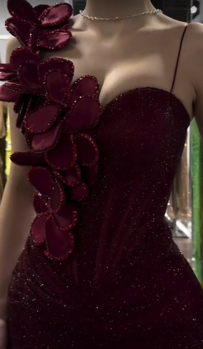 Glamorous Mermaid Spaghetti Straps Burgundy Sequin Flowers Long Prom Dress,Evening Dress GG1998