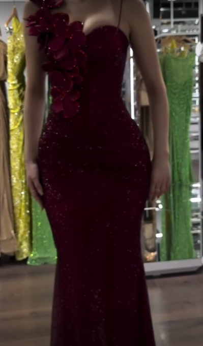 Glamorous Mermaid Spaghetti Straps Burgundy Sequin Flowers Long Prom Dress,Evening Dress GG1998