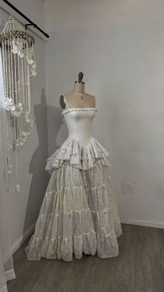 Chic A Line Spaghetti Straps White Lace Long Prom Dress,Wedding Dress,Evening Dress GG1999