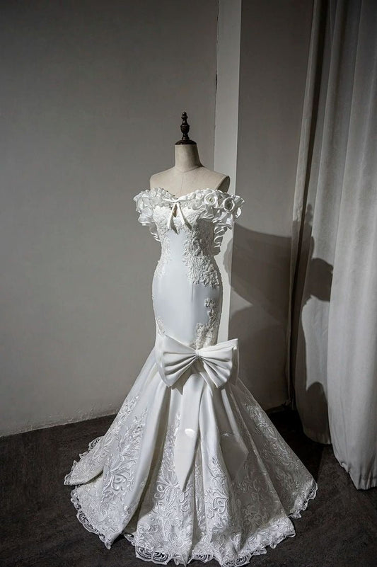 Pretty Mermaid Off The Shoulder White Satin Lace Long Prom Dress,Wedding Dress,Evening Dress GG2000