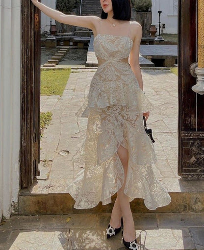 Chic Mermaid Spaghetti Straps Lace Tiered Long Prom Dress,Evening Dress GG2003