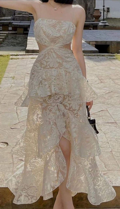 Chic Mermaid Spaghetti Straps Lace Tiered Long Prom Dress,Evening Dress GG2003