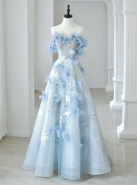 Fairy A Line Off The Shoulder Pale Blue Tulle Sequin Applique Long Prom Dress,Evening Dress GG2007