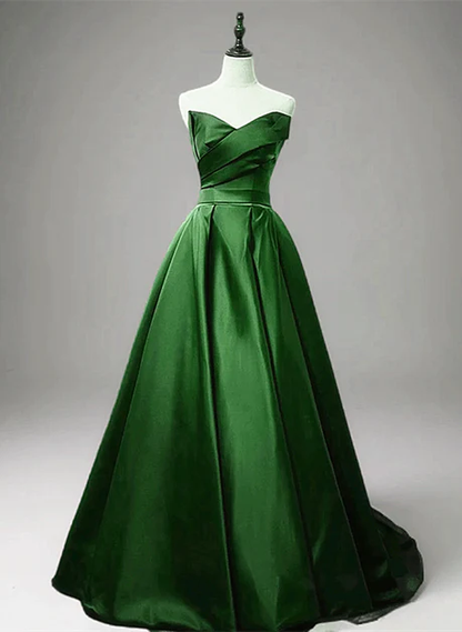 Simple Green A Line Sweetheart Strapless Satin Long Prom Dress, Evening Dress GG200