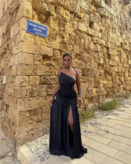 Charming A Line One Shoulder Black Satin Pleated Slit Long Prom Dress,Evening Dress GG2015