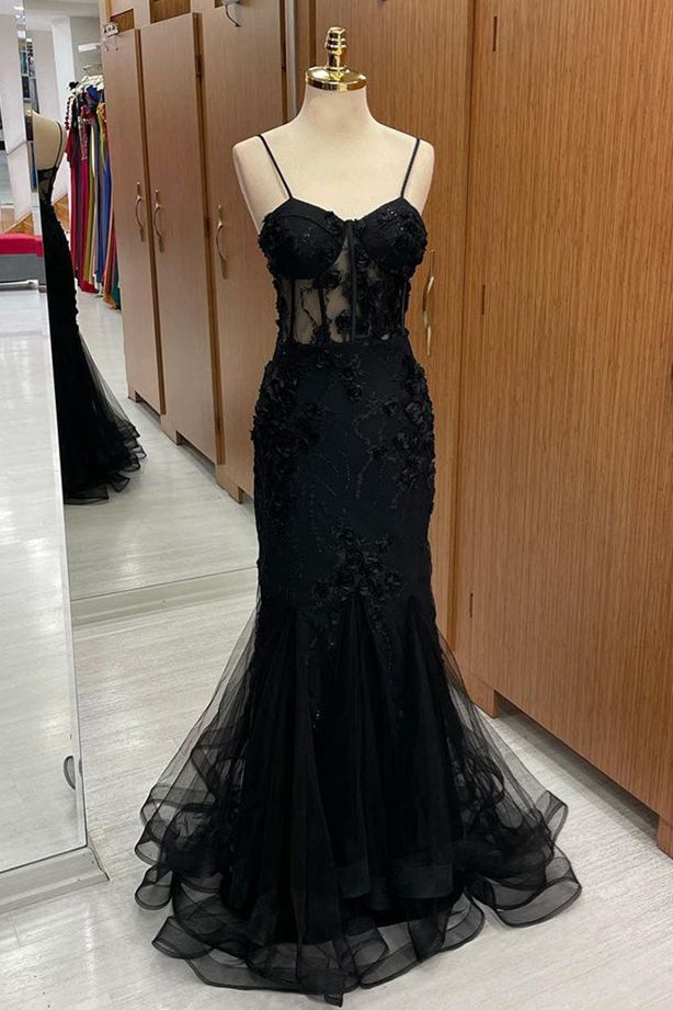 Pretty Mermaid Spaghetti Straps Black Satin Tulle Applique Long Prom Dress,Evening Dress GG2017
