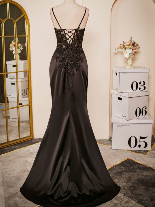 Elegant Mermaid Spaghetti Straps Black Satin Applique Long Prom Dress,Evening Dress GG2018