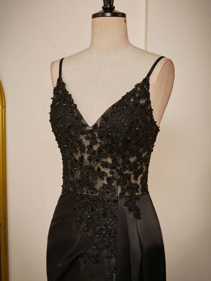 Elegant Mermaid Spaghetti Straps Black Satin Applique Long Prom Dress,Evening Dress GG2018