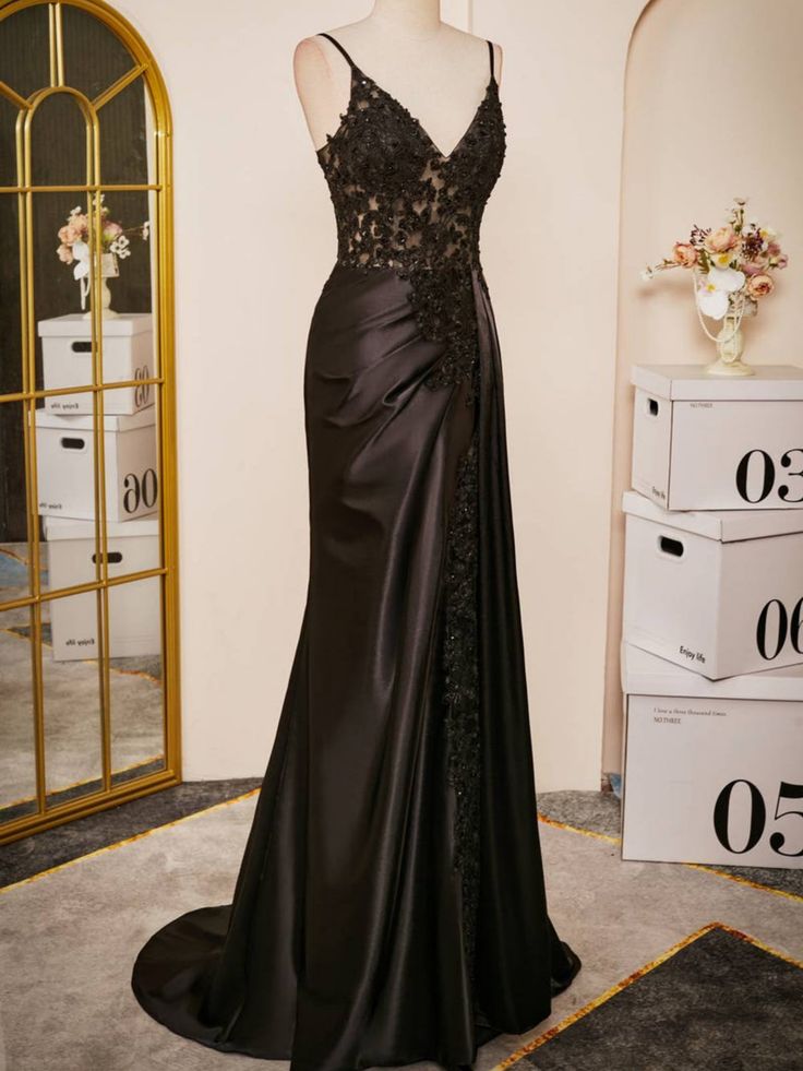 Elegant Mermaid Spaghetti Straps Black Satin Applique Long Prom Dress,Evening Dress GG2018