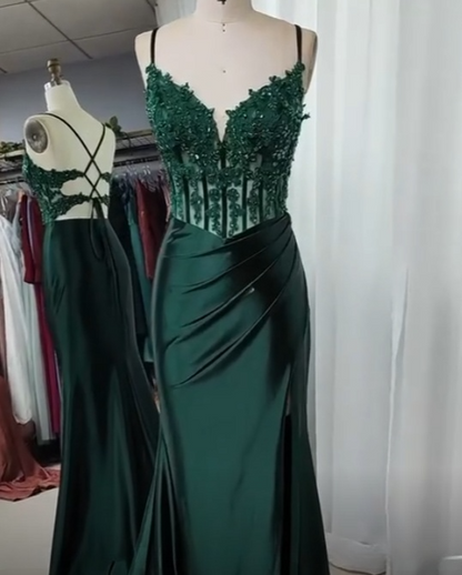 Gorgeous Mermaid Spaghetti Straps Dark Green Satin Slit Pleated Long Prom Dress,Evening Dress GG2019