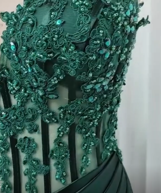 Gorgeous Mermaid Spaghetti Straps Dark Green Satin Slit Pleated Long Prom Dress,Evening Dress GG2019
