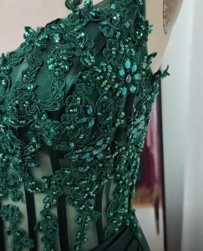 Gorgeous Mermaid Spaghetti Straps Dark Green Satin Slit Pleated Long Prom Dress,Evening Dress GG2019