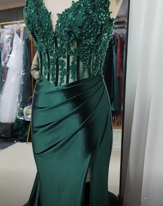 Gorgeous Mermaid Spaghetti Straps Dark Green Satin Slit Pleated Long Prom Dress,Evening Dress GG2019