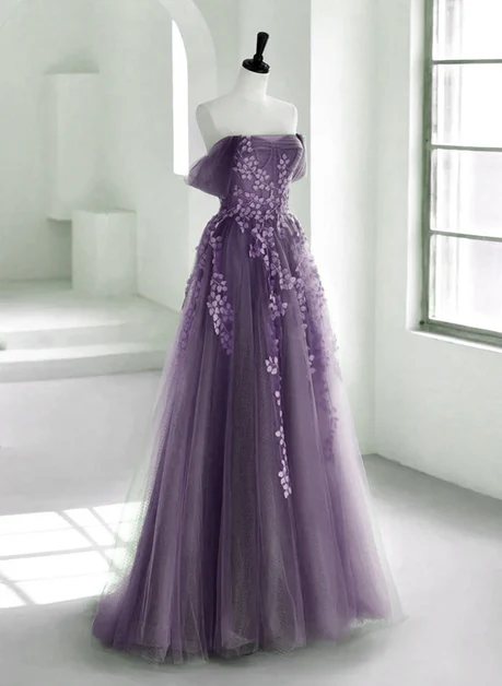 Delicate A Line Off The Shoulder Purple Tulle with Lace Formal Dress,  Long Prom Dress, Evening Dress GG201