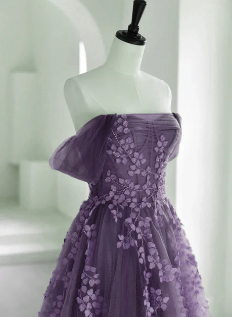 Delicate A Line Off The Shoulder Purple Tulle with Lace Formal Dress,  Long Prom Dress, Evening Dress GG201