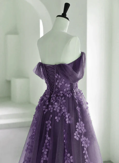 Delicate A Line Off The Shoulder Purple Tulle with Lace Formal Dress,  Long Prom Dress, Evening Dress GG201