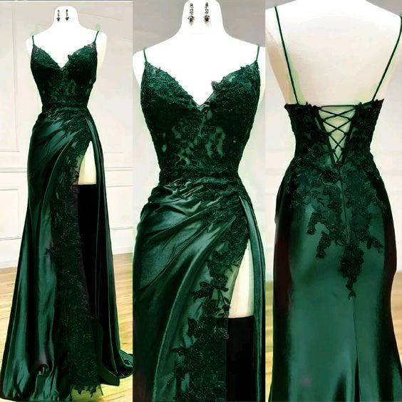Charming Mermaid Spaghetti Straps Dark Green Satin Lace Slit Pleated Long Prom Dress,Evening Dress GG2020