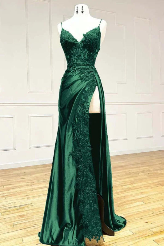 Charming Mermaid Spaghetti Straps Dark Green Satin Lace Slit Pleated Long Prom Dress,Evening Dress GG2020