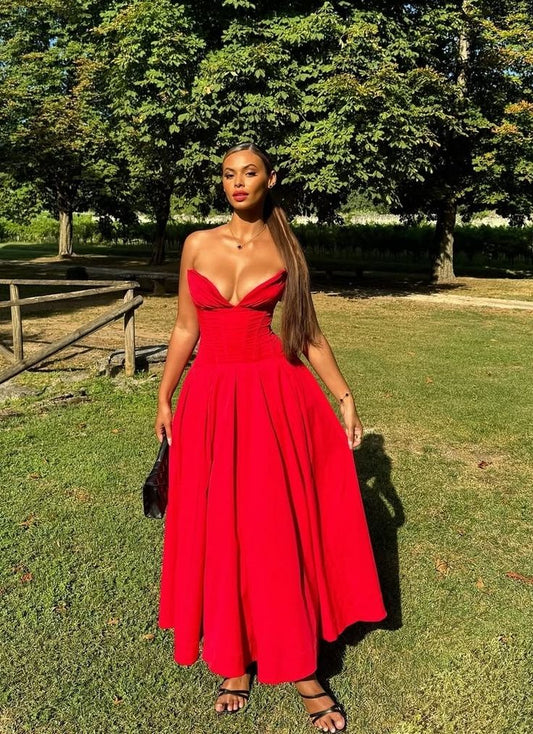 Sexy A Line Strapless Red Satin Long Prom Dress,Evening Dress GG2021