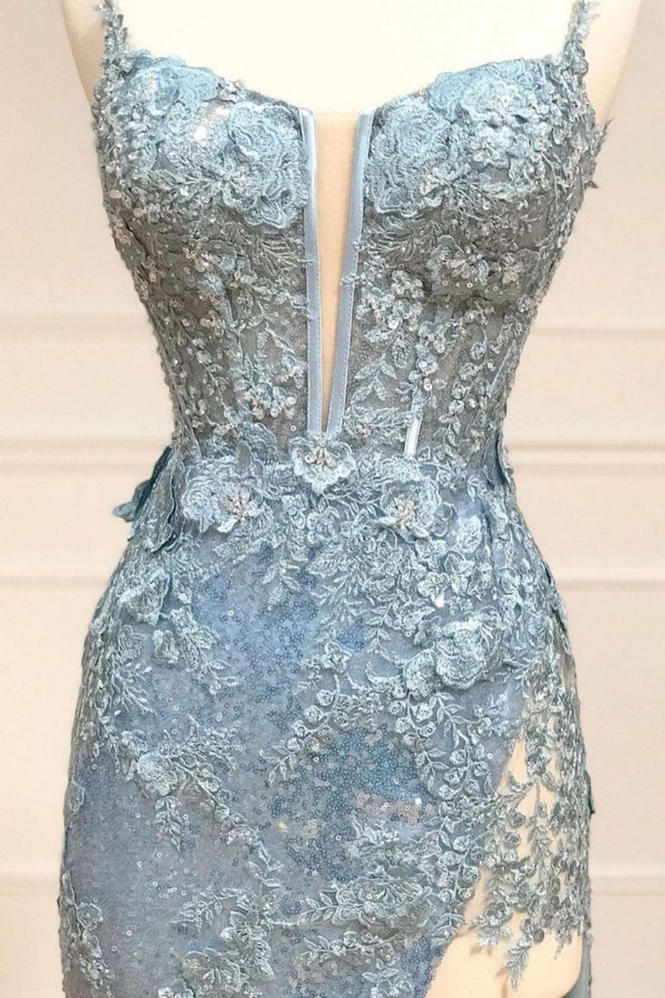 Beautiful Mermaid Spaghetti Straps Pale Blue Satin Lace Applique Slit Long Prom Dress,Evening Dress GG2022