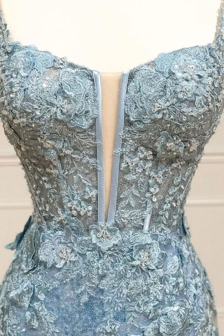 Beautiful Mermaid Spaghetti Straps Pale Blue Satin Lace Applique Slit Long Prom Dress,Evening Dress GG2022