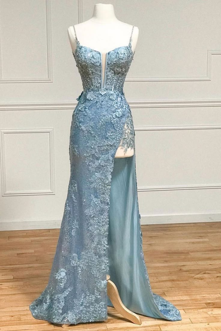Beautiful Mermaid Spaghetti Straps Pale Blue Satin Lace Applique Slit Long Prom Dress,Evening Dress GG2022