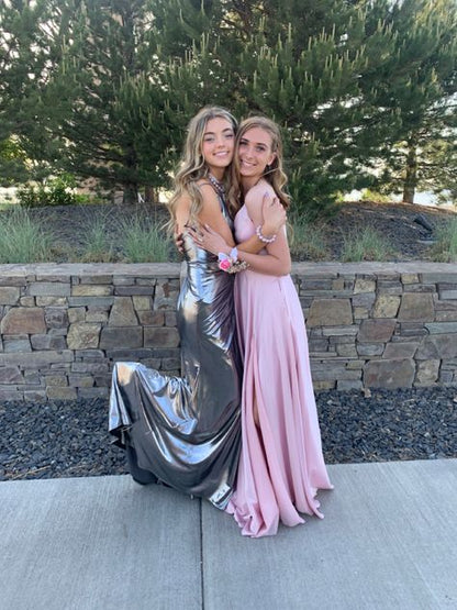 Chic Mermaid Spaghetti Straps Silver Satin Slit Long Prom Dress,Evening Dress GG2025