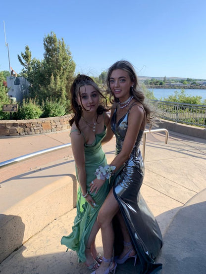 Chic Mermaid Spaghetti Straps Silver Satin Slit Long Prom Dress,Evening Dress GG2025