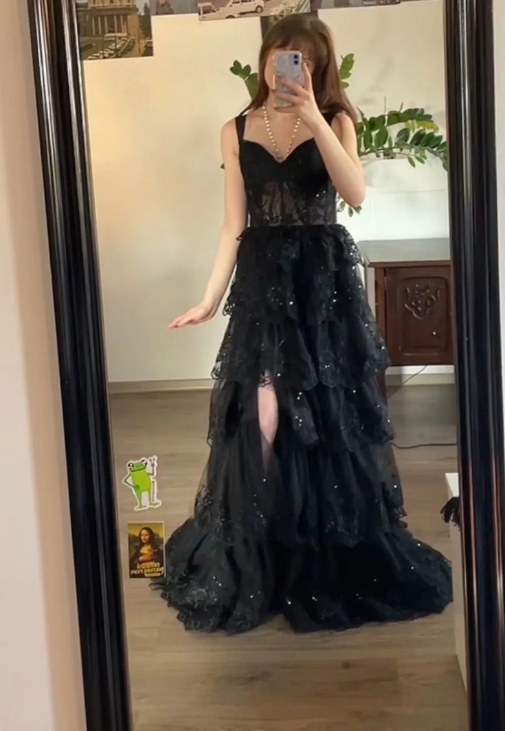 Charming A Line Sweetheart Black Tulle Tiered Slit Long Prom Dress,Evening Dress GG2028