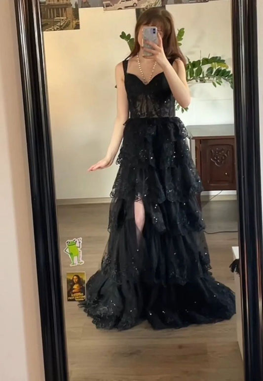 Charming A Line Sweetheart Black Tulle Tiered Slit Long Prom Dress,Evening Dress GG2028