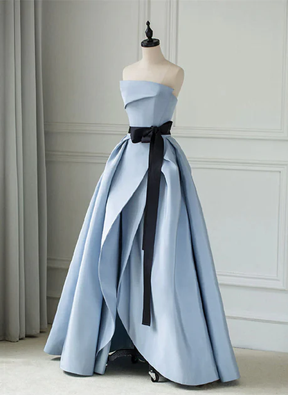 Elegant A Line Strapless Light Blue Satin Bow Belt Long Prom Dress, Evening Dress GG202