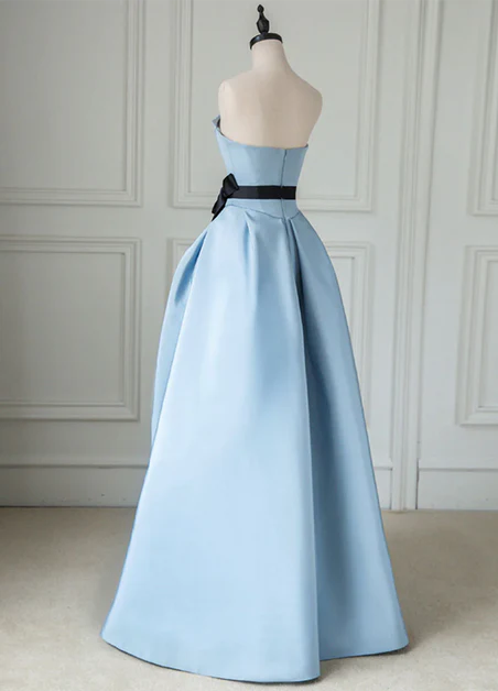 Elegant A Line Strapless Light Blue Satin Bow Belt Long Prom Dress, Evening Dress GG202