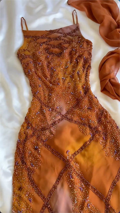 Chic A Line Spaghetti Straps Gradient Orange Chiffon Beaded Long Prom Dress,Evening Dress GG2030