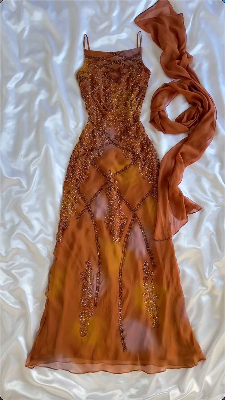 Chic A Line Spaghetti Straps Gradient Orange Chiffon Beaded Long Prom Dress,Evening Dress GG2030