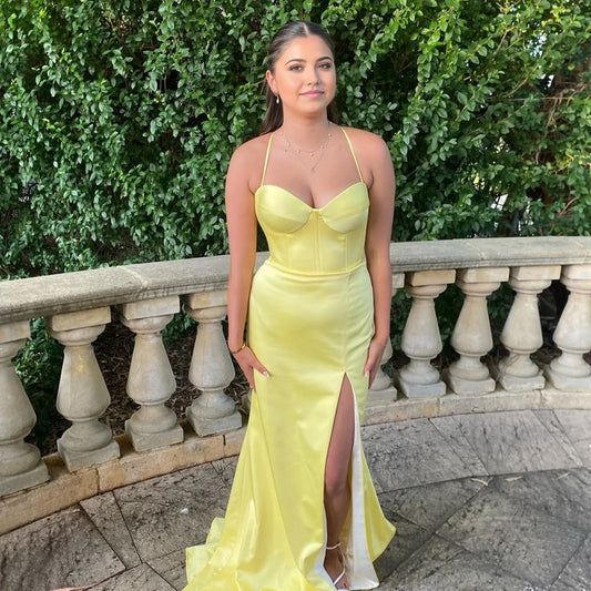 Simple Mermaid Halter Straps Yellow Satin Slit Long Prom Dress,Evening Dress GG2031